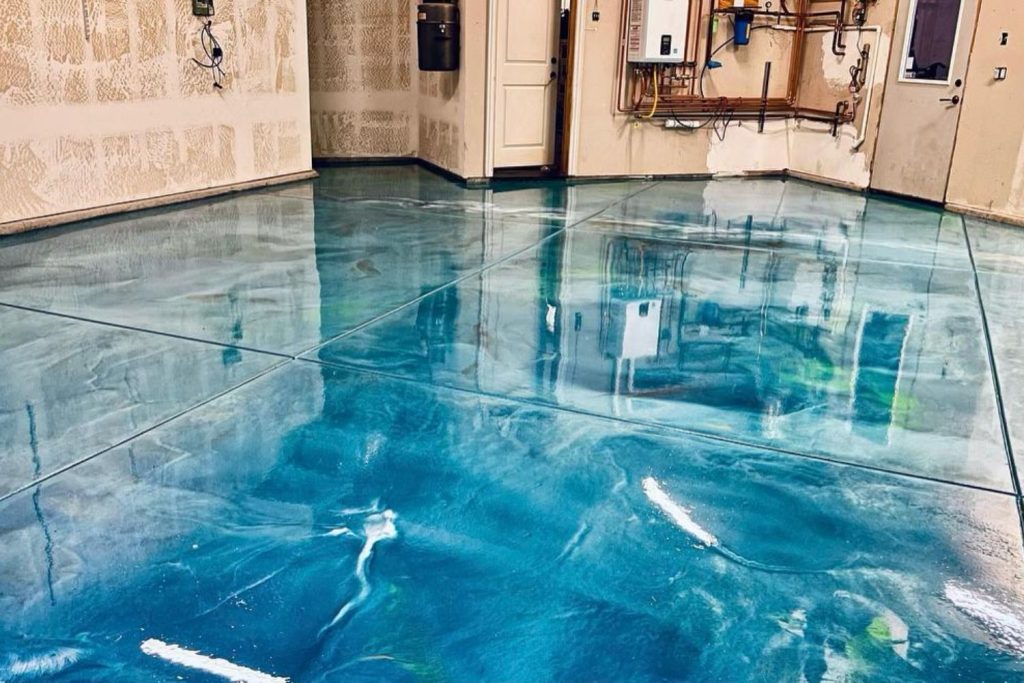 Interior view of a blue polished concrete floor, representing epoxy tile flooring services available in Las Vegas, NV.
