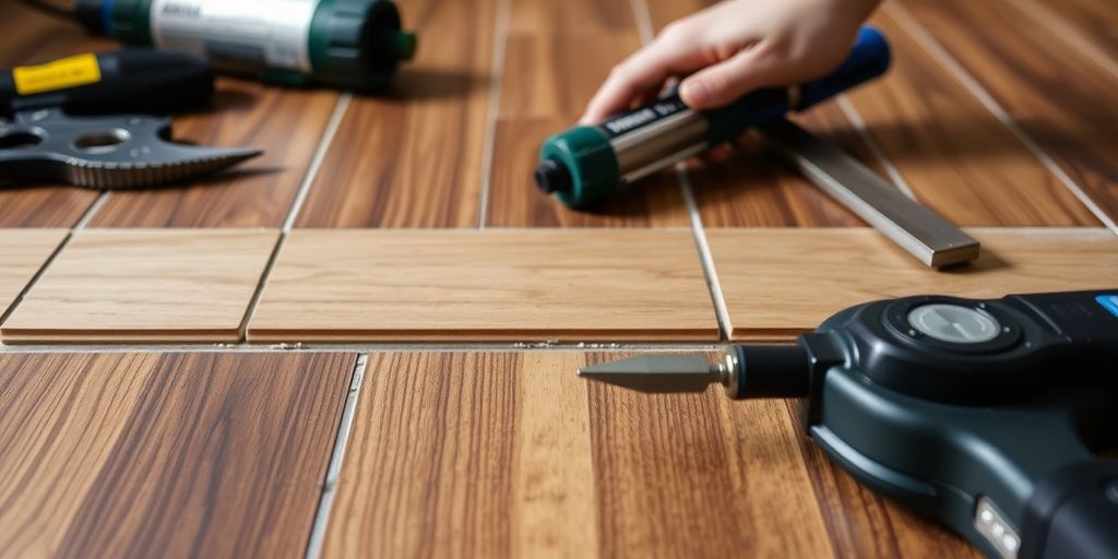 A person operates a drill while installing rubber flooring in a wooden floor project.