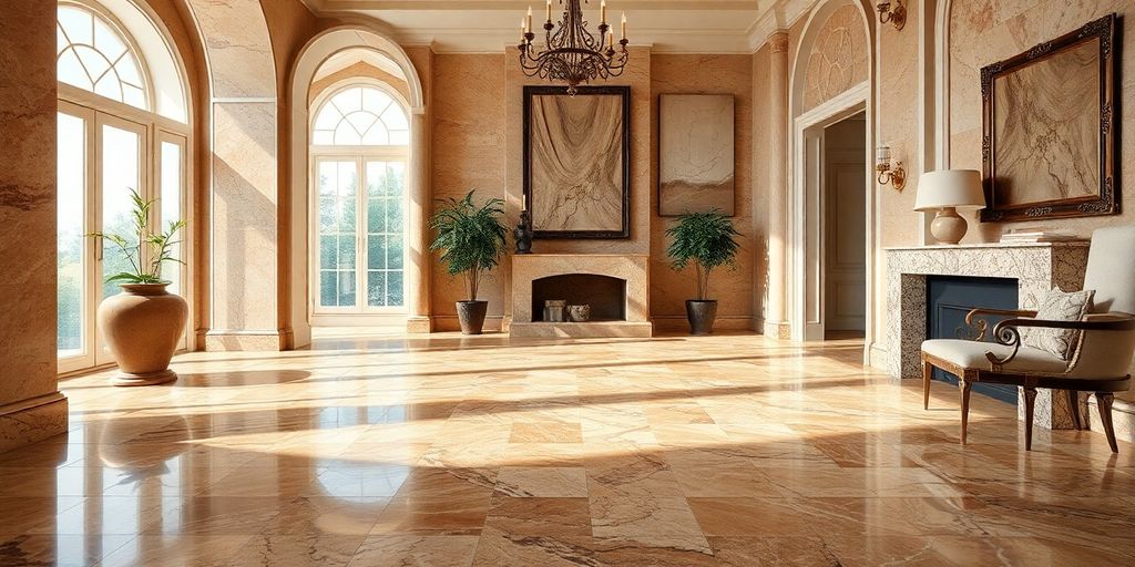 A spacious living room featuring elegant marble floors and stunning chandeliers, illuminated by natural light.