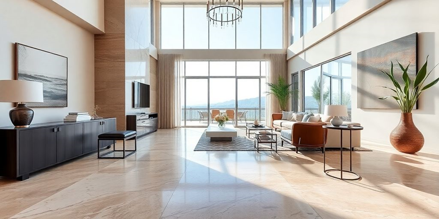  A contemporary living room featuring a large glass wall and elegant natural stone flooring, creating a bright and open space. 