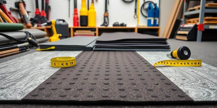  A room featuring various tools scattered on rubber flooring, showcasing a diverse array of equipment and supplies. 