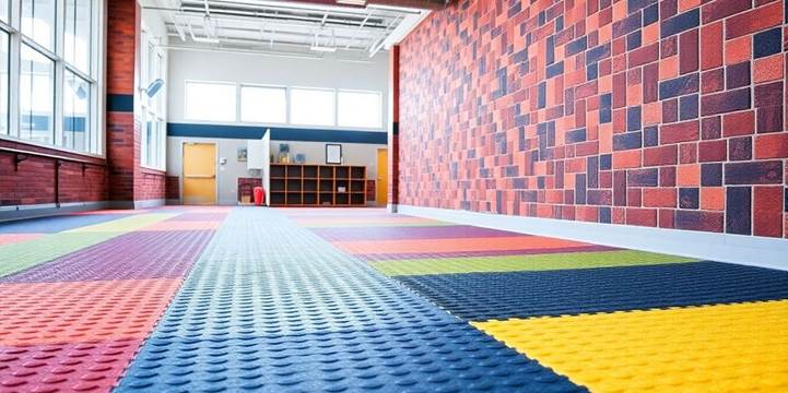  A vibrant rubber floor with a textured surface, complemented by a rustic brick wall in the background.