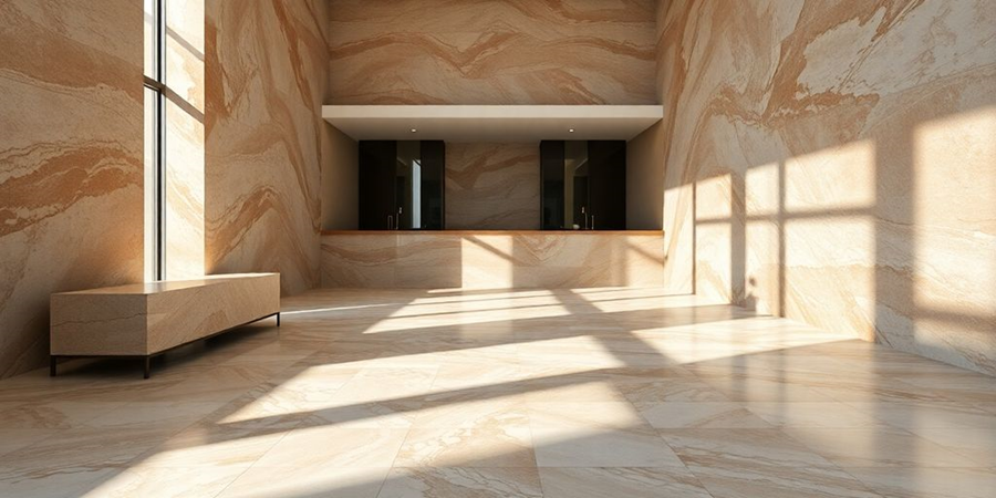 A spacious room featuring marble walls, a large window, and elegant natural stone flooring.