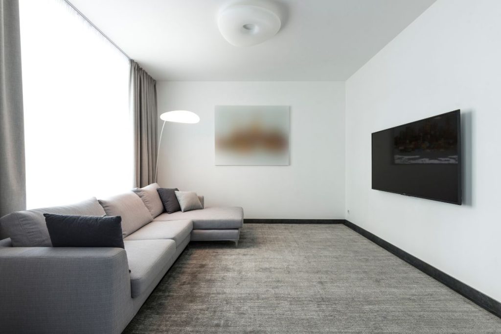 A contemporary living room featuring a stylish couch and a flat-screen television, creating a cozy atmosphere.