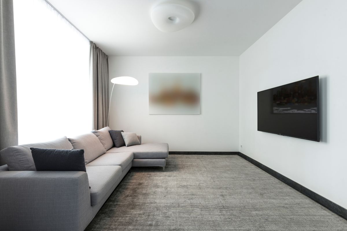 A contemporary living room featuring a stylish couch and a flat-screen television, creating a cozy atmosphere.